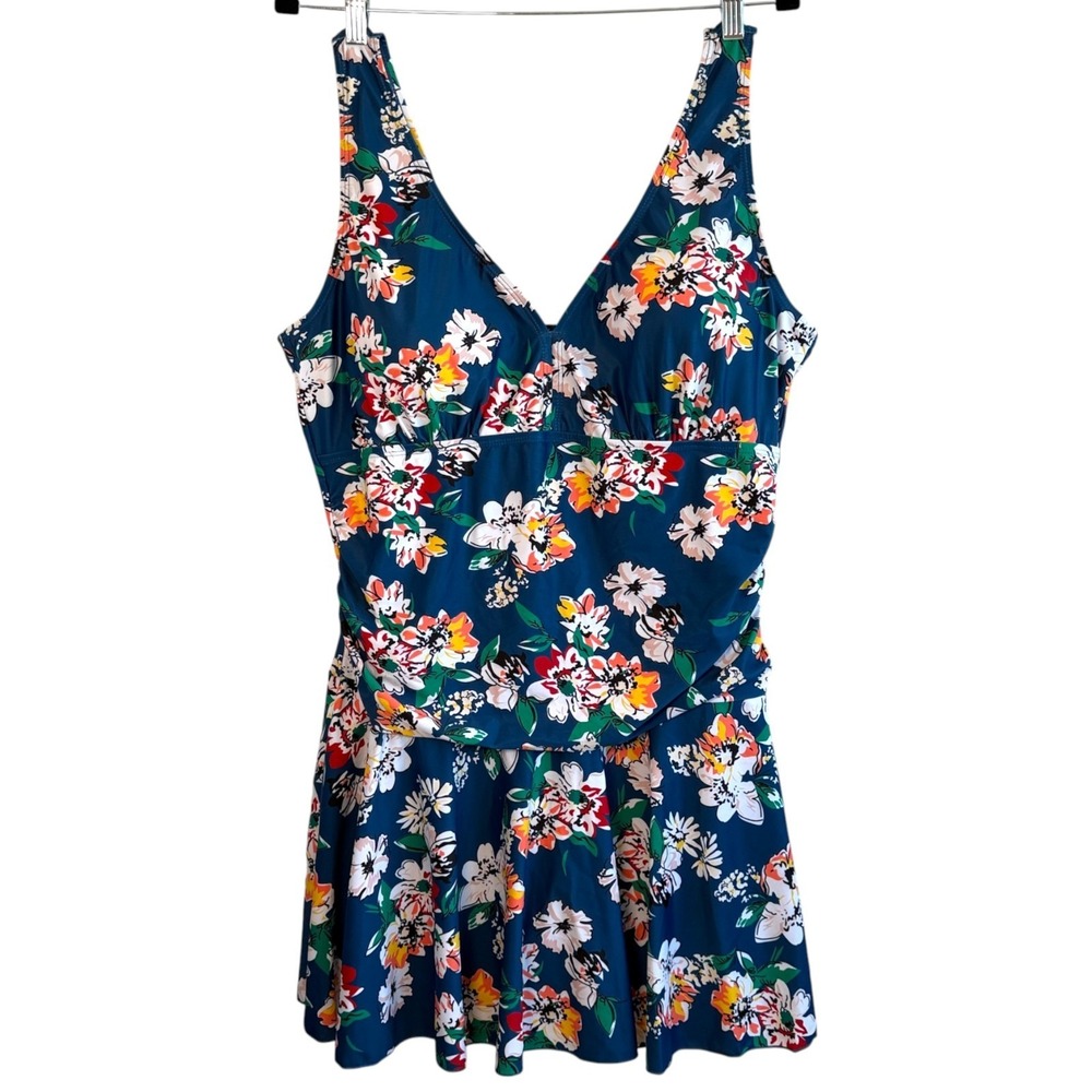 Summer Mae Womens One Piece Swim Dress‎ Size 4XL 22-24 Ruched Shorts Under Skirt